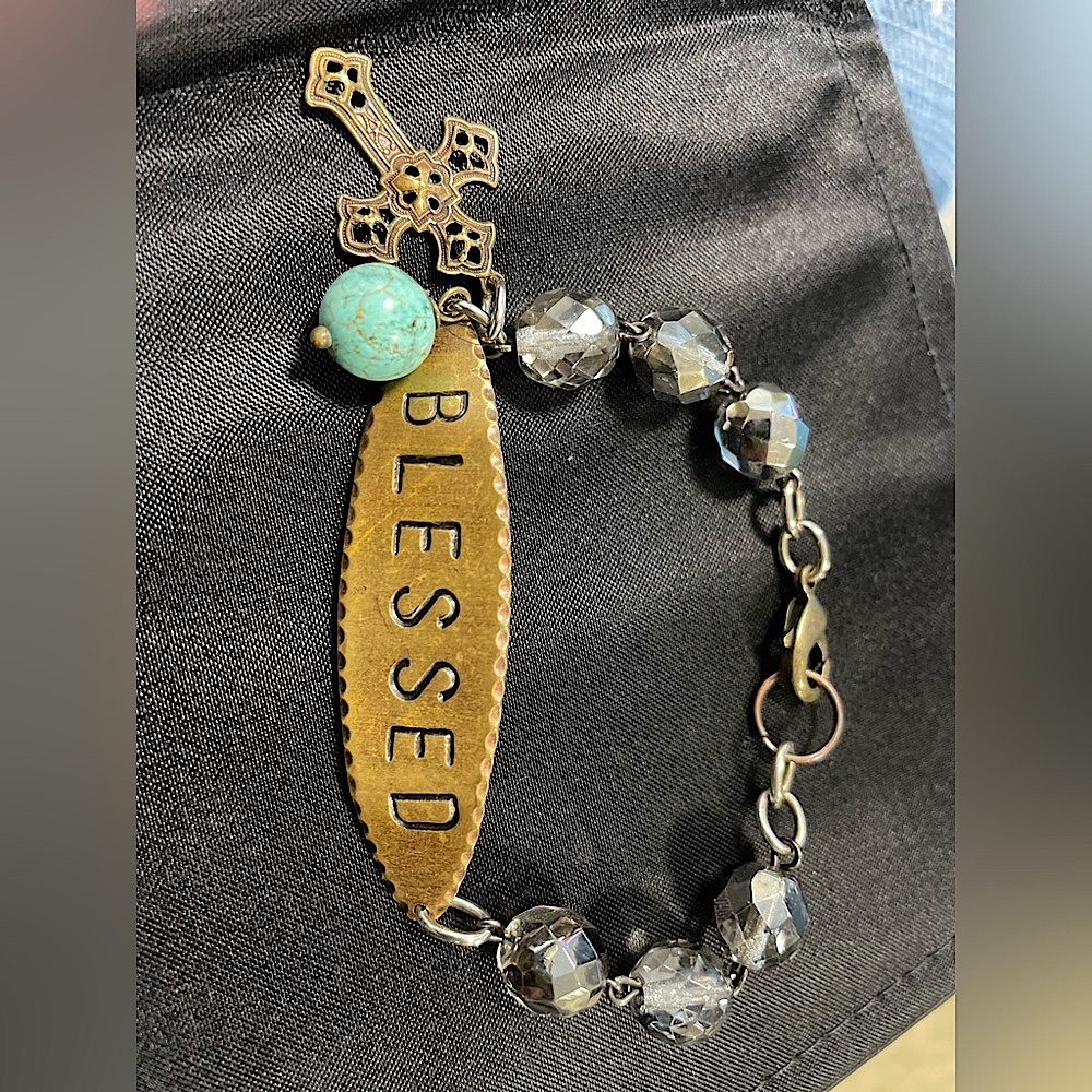 Bracelet- handmade Blessed embossed on copper with dark iridescent beads 7 inch